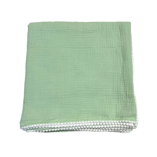 Swaddle Baby Blanket with Pompom Edge - Sage and White