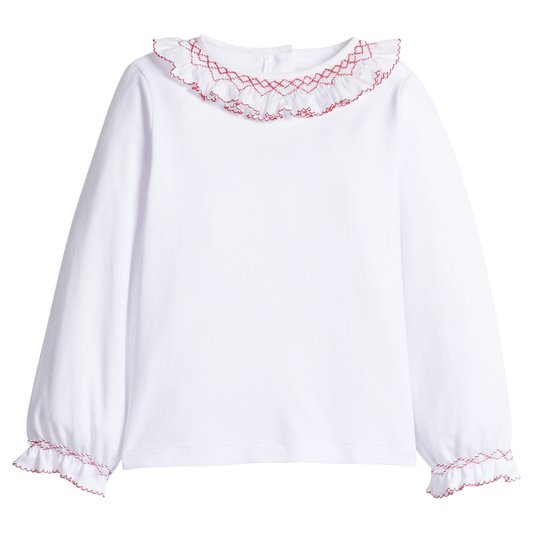 Smocked Madeline Blouse - White with Red