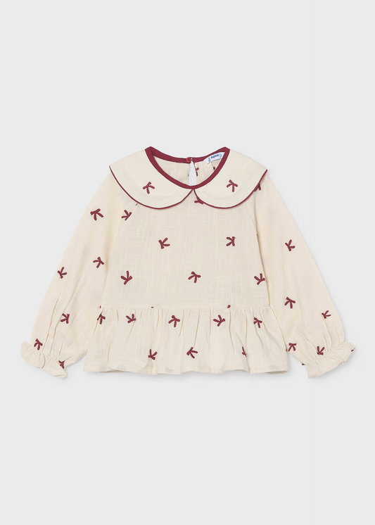 Girl Embroidered Blouse With Bows - Cream/Burgundy