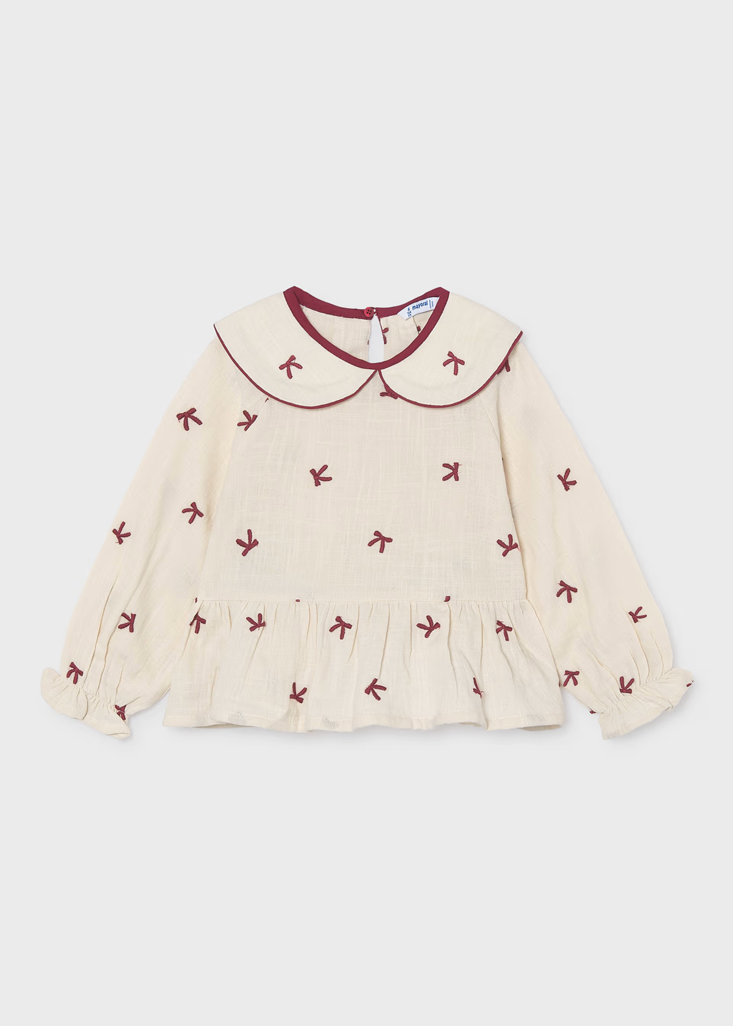 Girl Embroidered Blouse With Bows - Cream/Burgundy