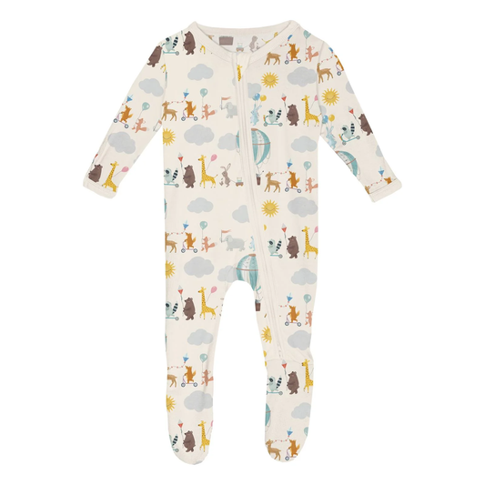 Print Footie with 2 Way Zipper in Natural Animal Parade