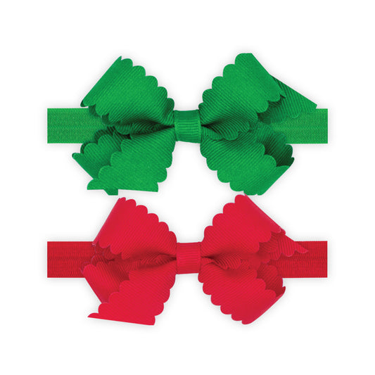 GIFT PACK! Two Mini Scallop Bows With Bands - Green and Red