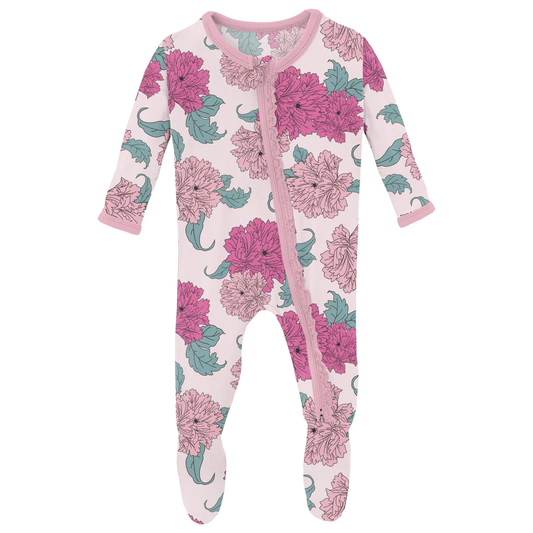 Print Muffin Ruffle Footie with 2 Way Zipper in Shrinking Violet Peonies
