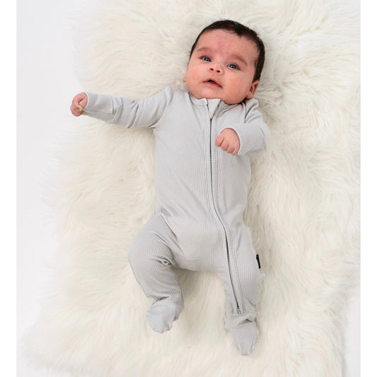 Ribbed Bamboo Footed Zipper Sleeper - Silver Cloud