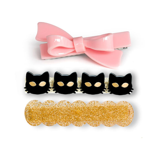 Cat Black & Pink Bowtie Hair Clips