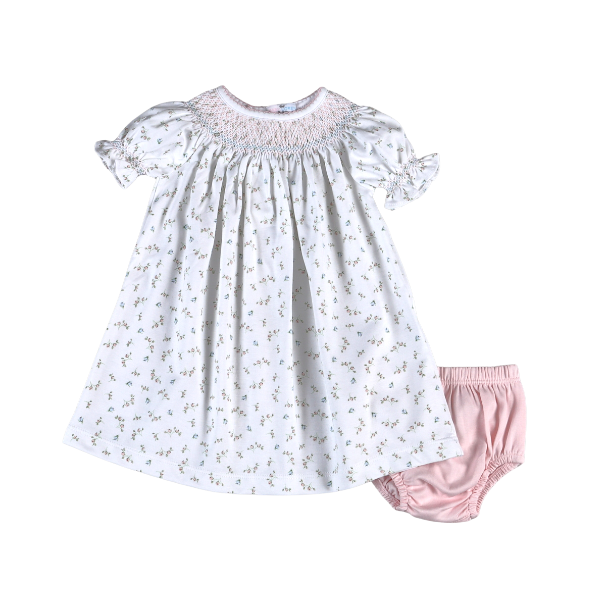 Belle Pink Floral Pima Hand Smocked Bishop Dress