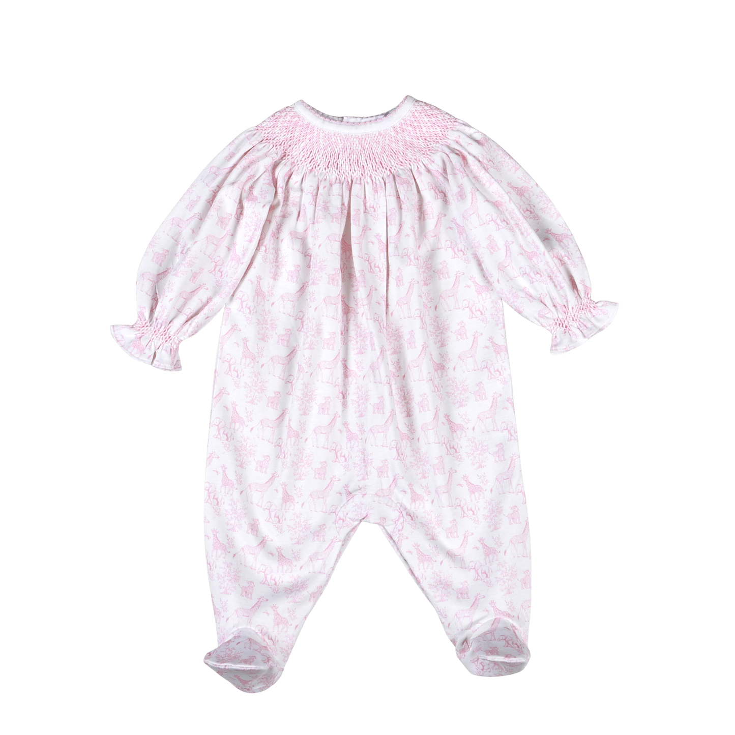Pink Baby Safari Hand Smocked Bishop Footie