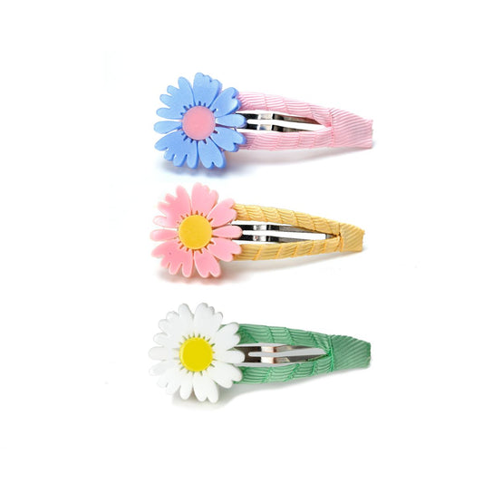 Daisies White Blue Pink Fabric Covered Snap Clips