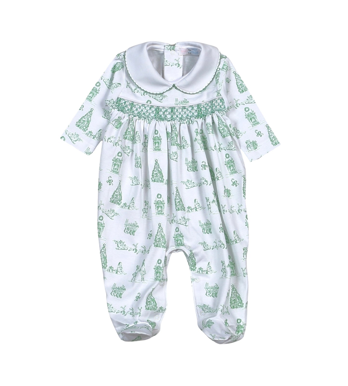 Green Christmas Toile Hand Smocked Footie