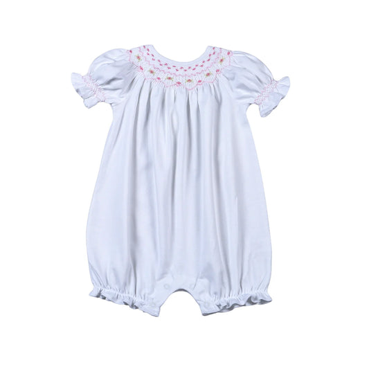 White and Pink Hand Smocked Pima Bishop Bubble