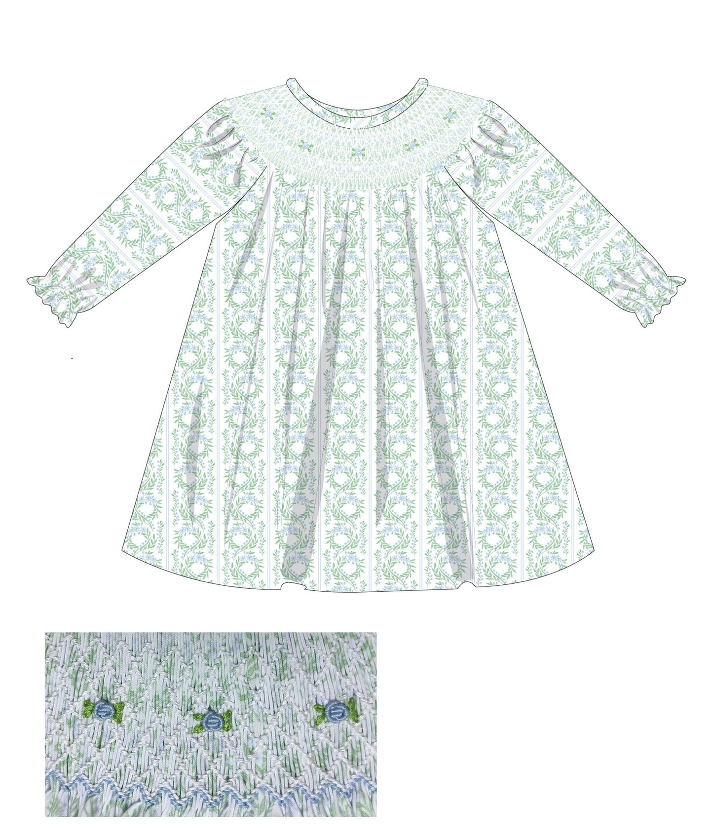 Green Floral Bishop Smock Dress