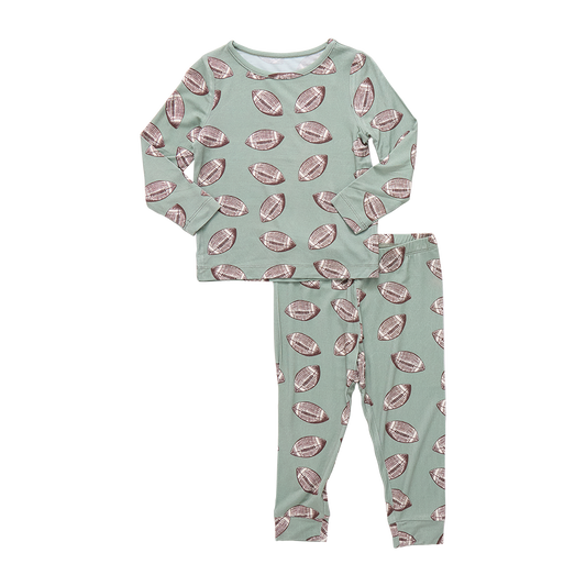 Kids Bamboo PJ Set - Green Flying Footballs