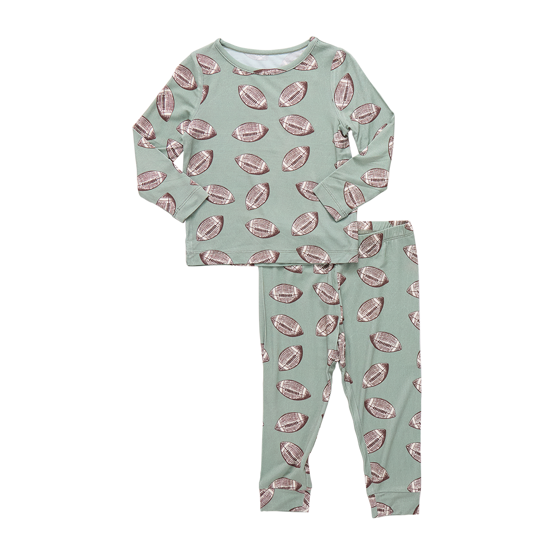 Kids Bamboo PJ Set - Green Flying Footballs