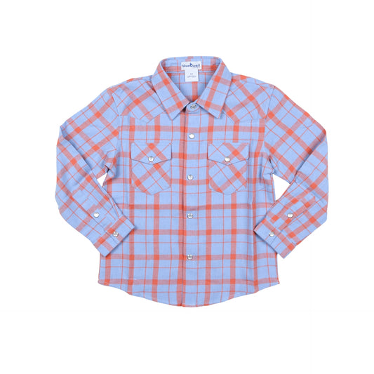 Red & Blue Plaid Flannel Pearl Snap Long Sleeve Shirt