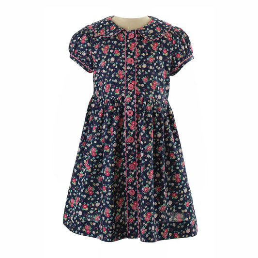 Floral Button Front Dress - Navy/Pink