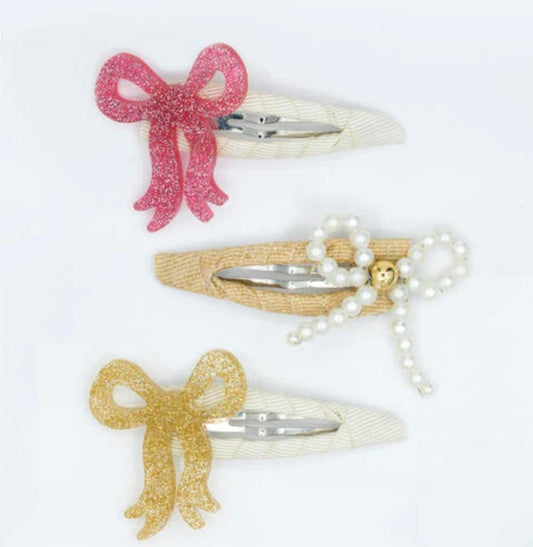 Bows in Gold Pearl, and Vintage Pink Snap Clips