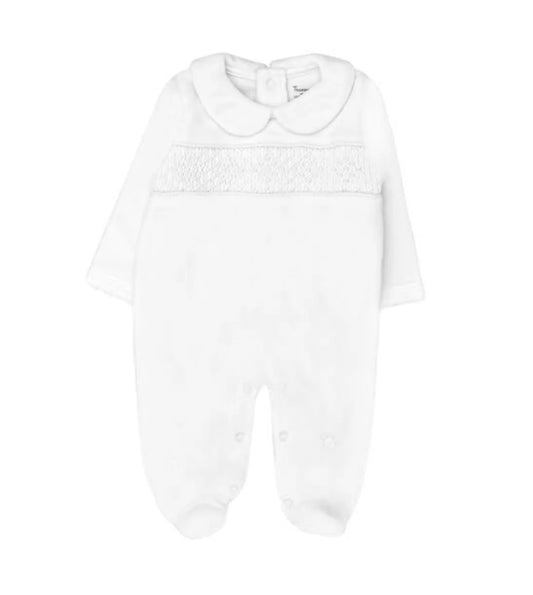 Hand Smocked Velvet Playsuit, White