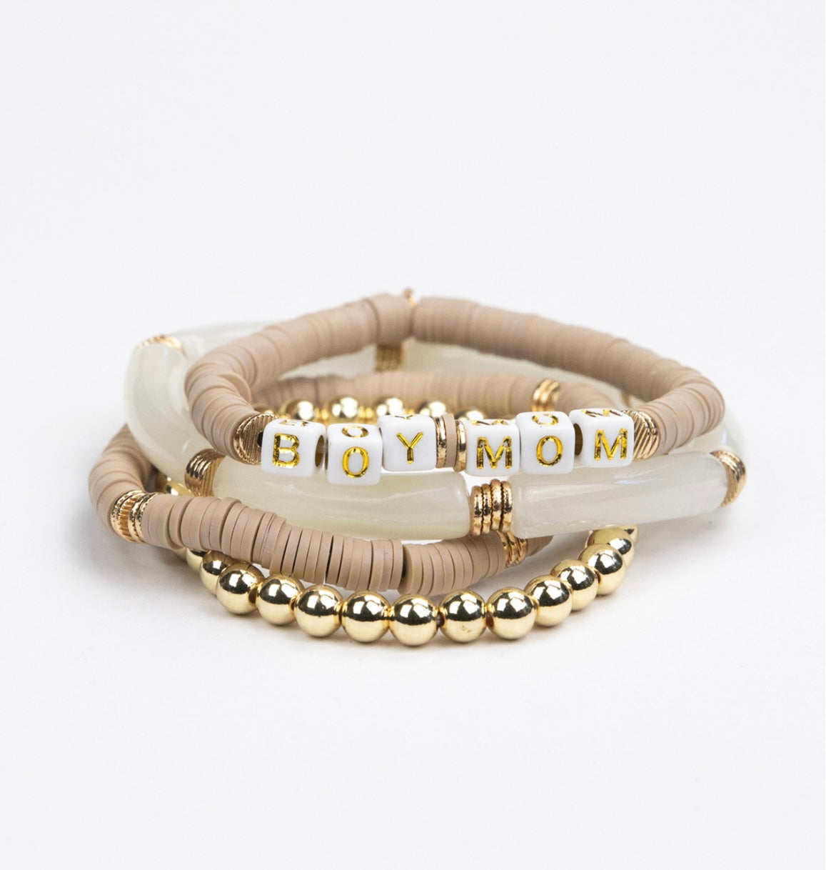 Boy Mom Tubular Beaded Bracelet Set - Taupe