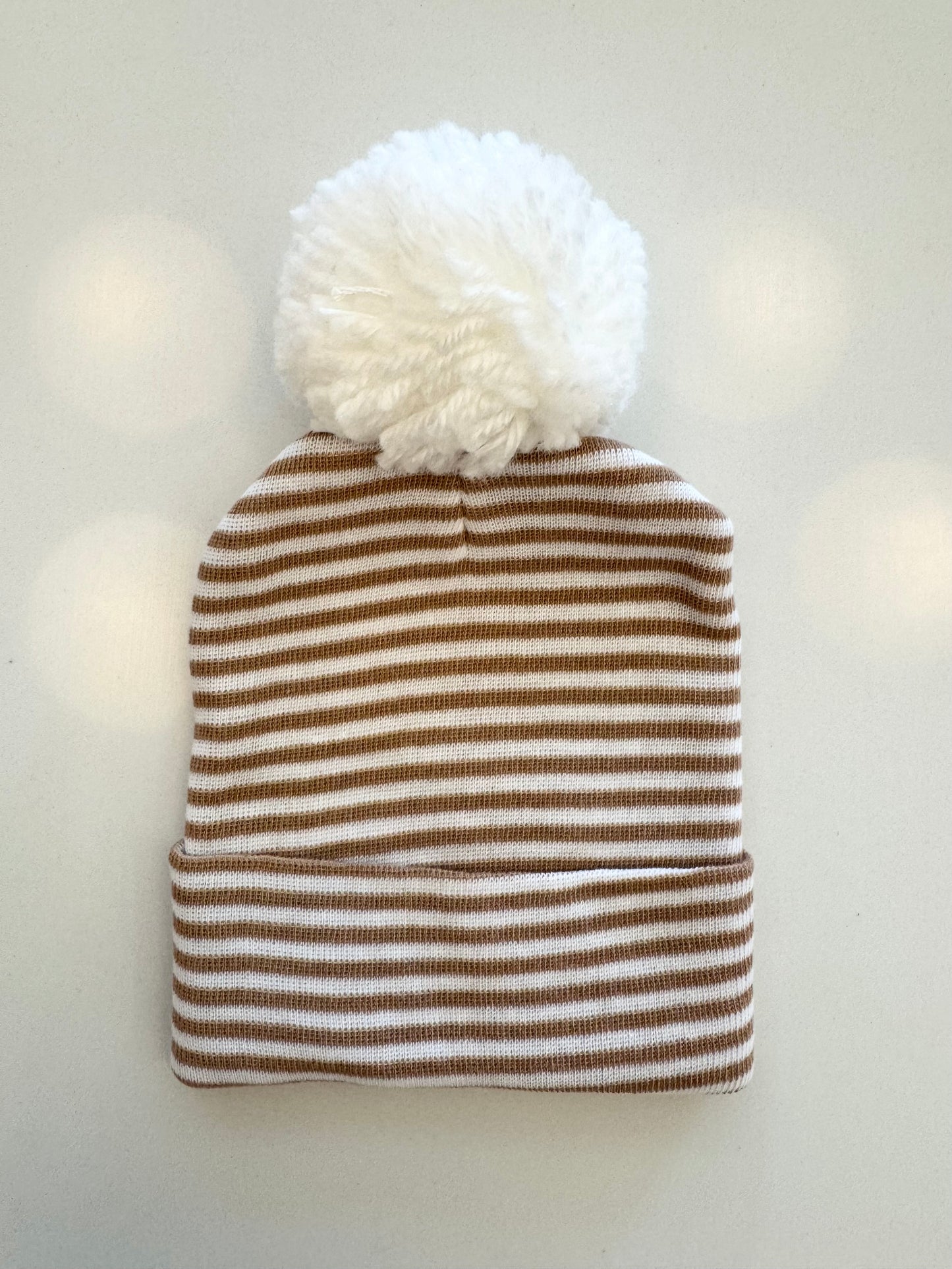 Tan White Striped - White Pom Pom