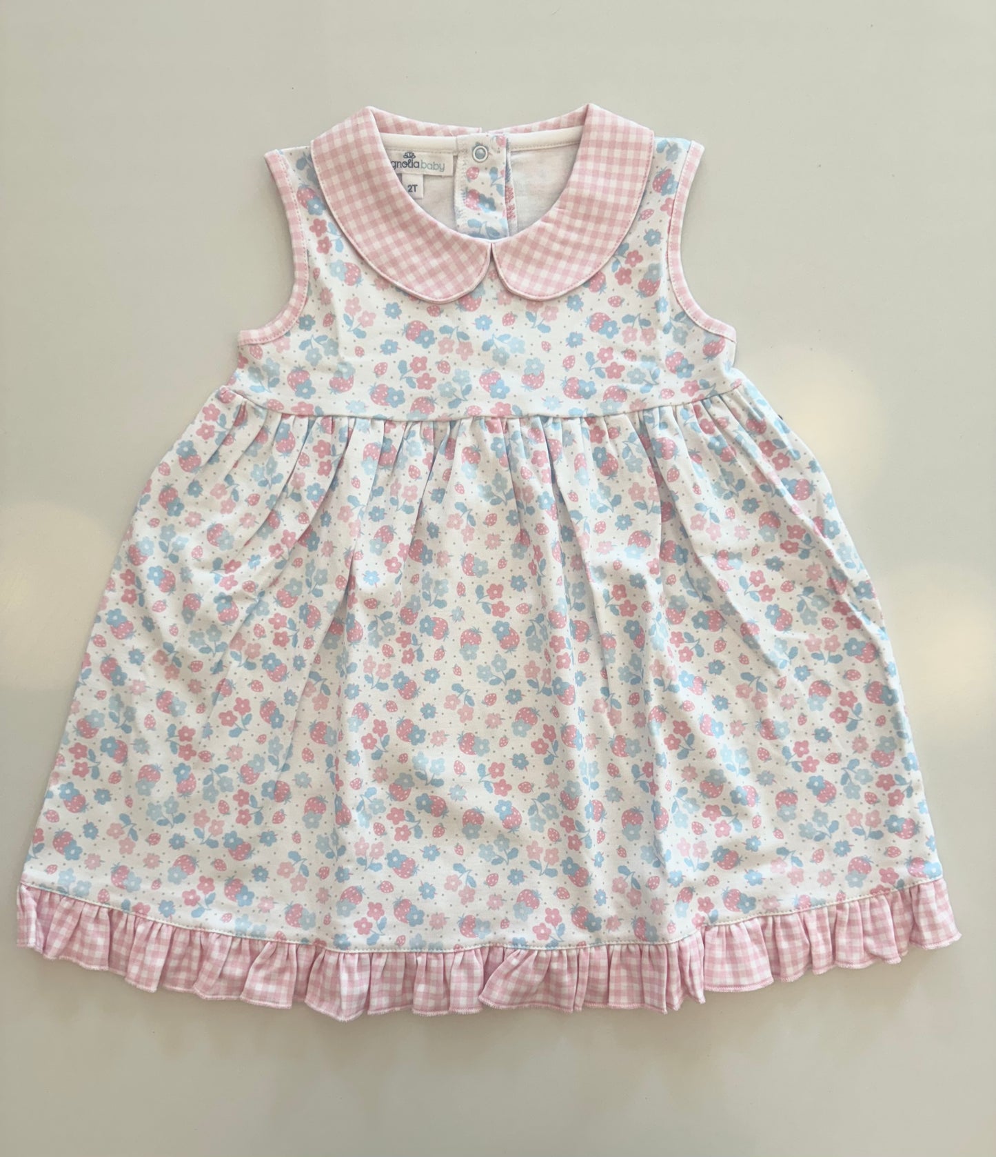 Sweet Strawberries Collard Sleeveless Toddles Dress - Pink