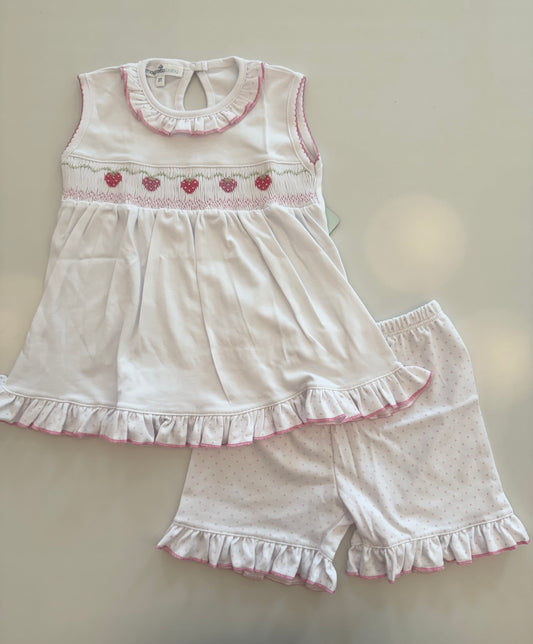 Strawberry Patch Smocked Sleeveless Toddles Short Set - Pink