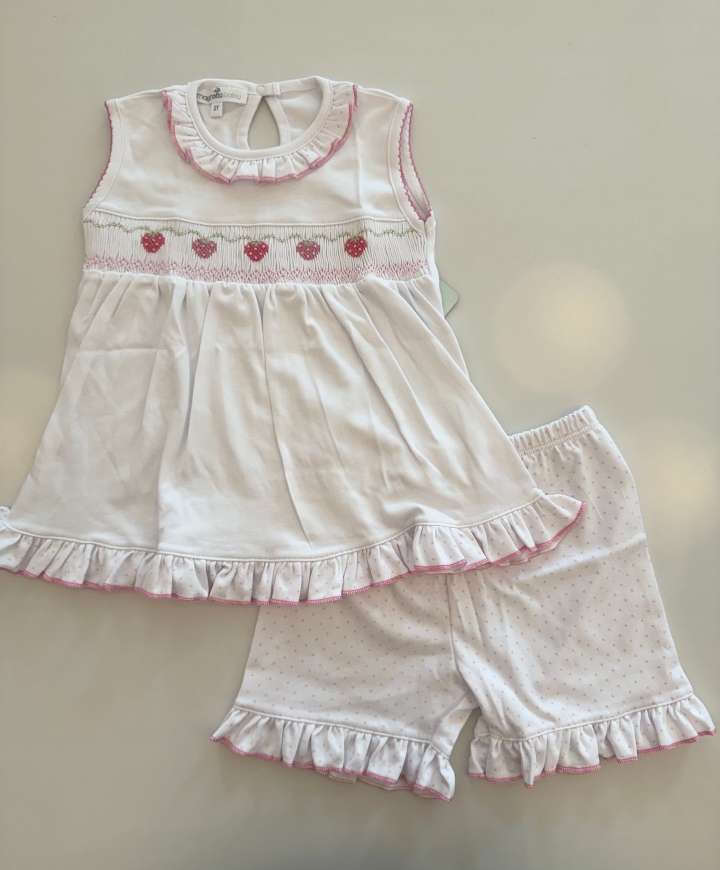 Strawberry Patch Smocked Sleeveless Toddles Short Set - Pink
