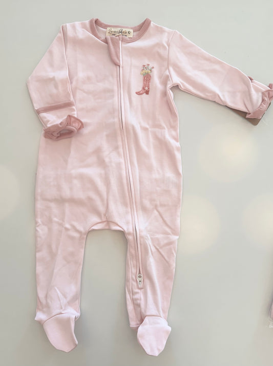 Boots and Blooms Ruffle Zipper Footie - Pink