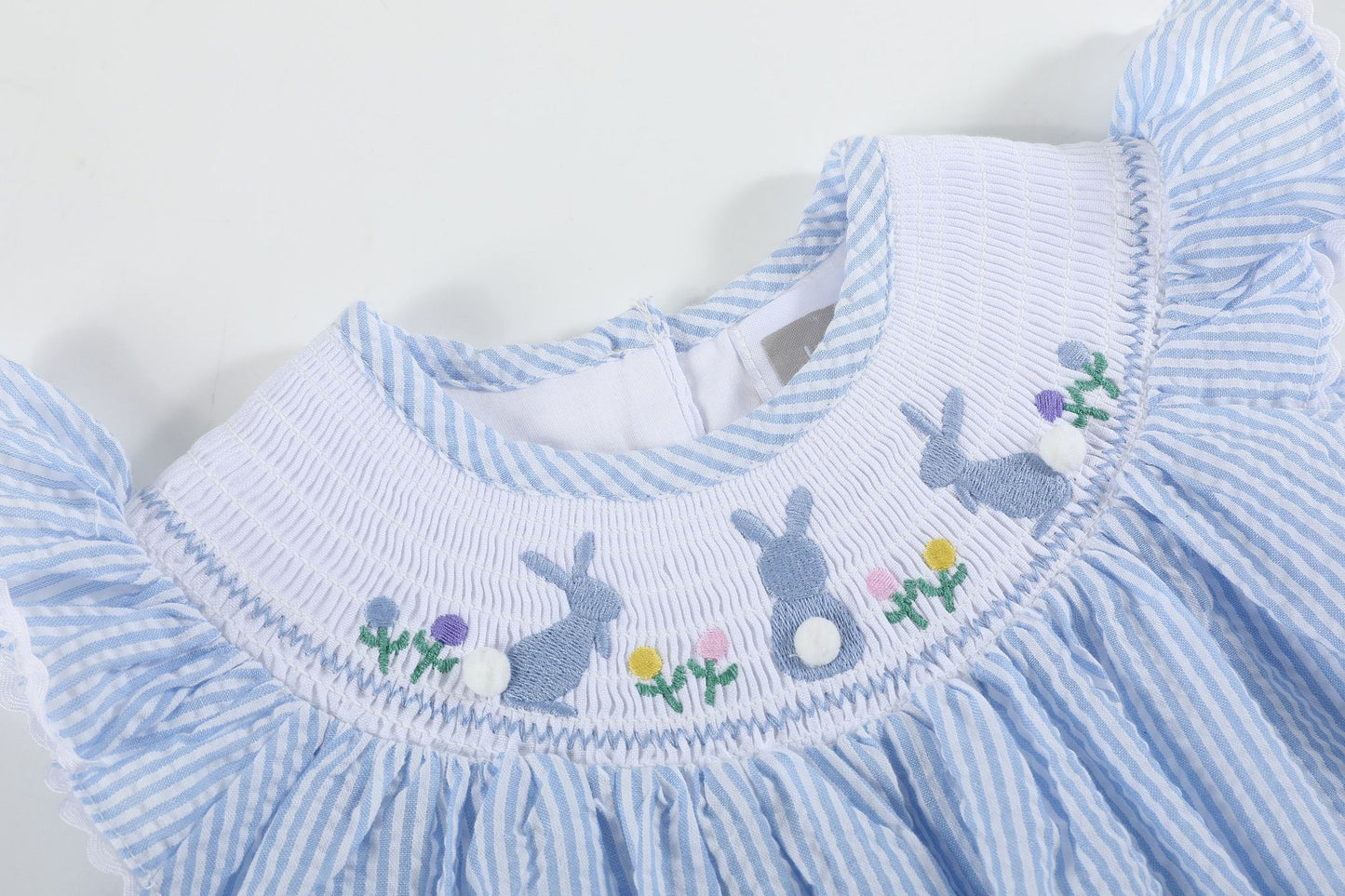 Light Blue Seersucker Easter Bunny Smocked Bishop