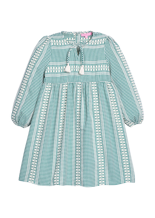 Long Sleeved Riviera Dress - Geneva Gingham Green