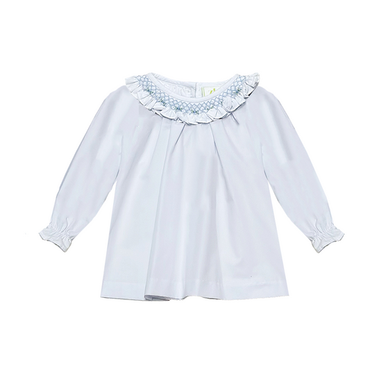 LT Blue Flower Scarlett Blouse, White Broadcloth