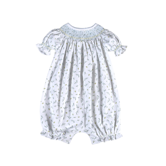 Mia Blue Floral Pima Hand Smocked Bishop Bubble