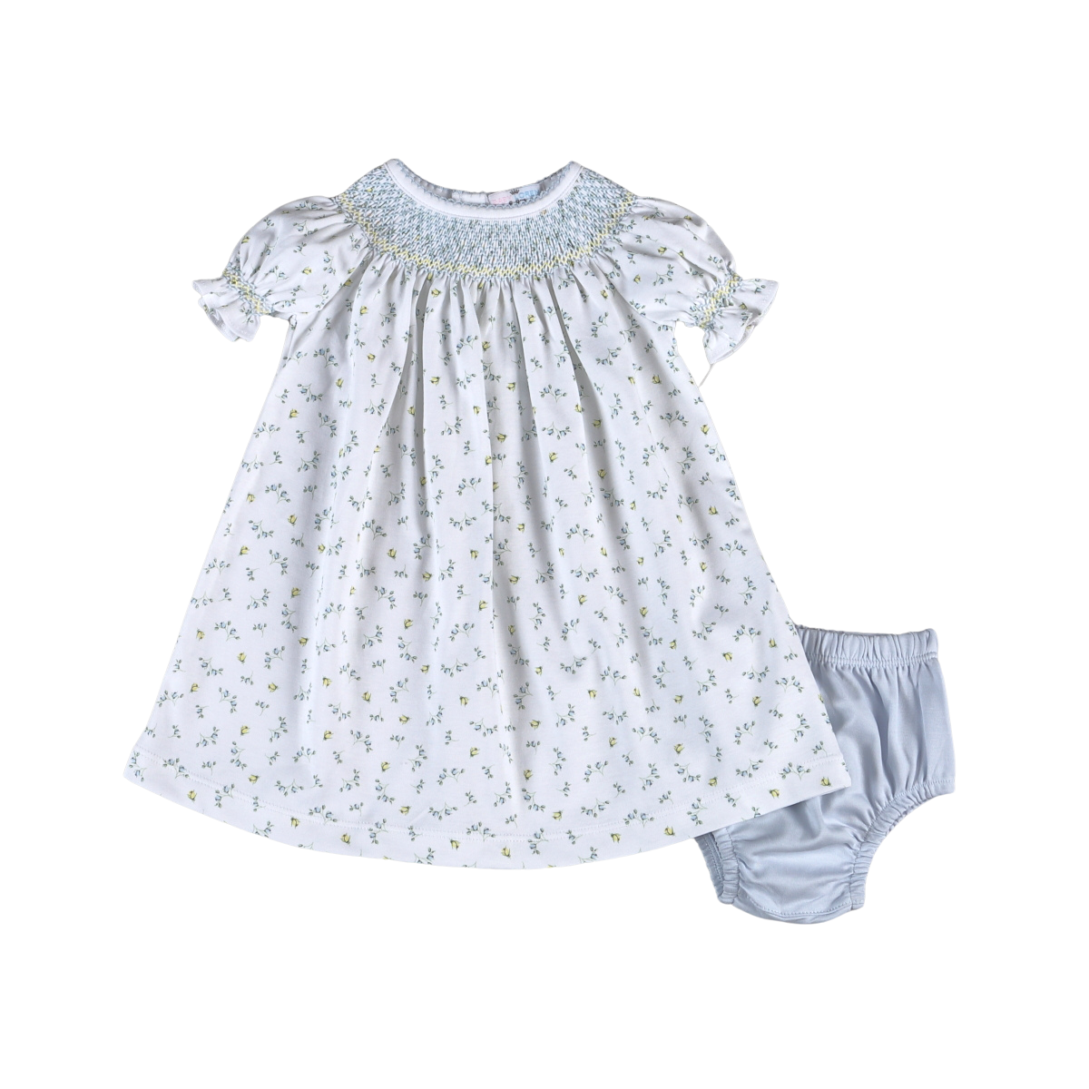 Mia Blue Floral Pima Hand Smocked Bishop Dress