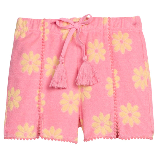 Pom Pom Terry Shorts - Pink Floral Terry