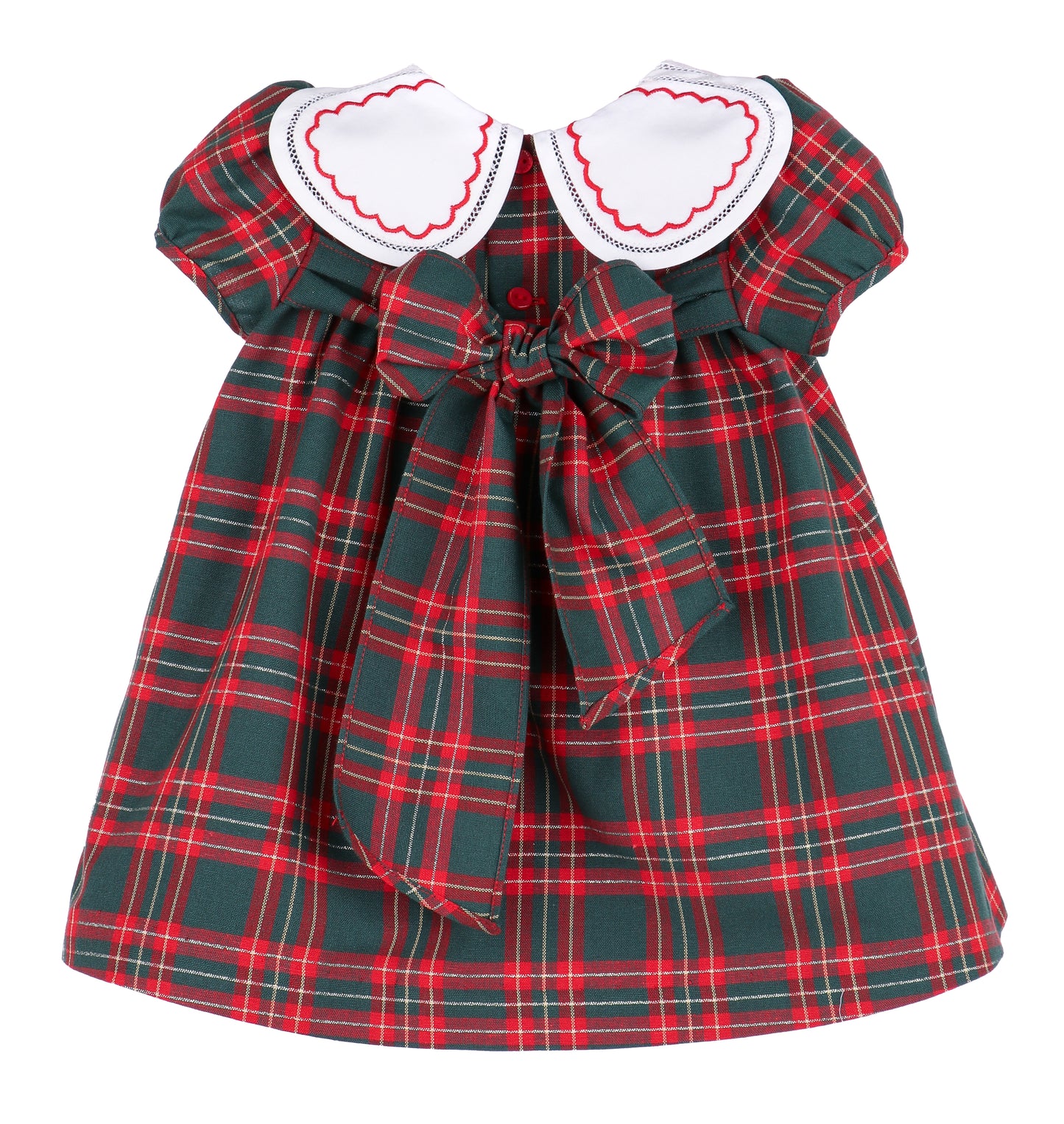 Sophie & Lucas Girls Red & Green Holiday Plaid Dress - Embroidered Petal Collar
