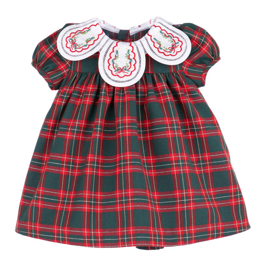 Sophie & Lucas Girls Red & Green Holiday Plaid Dress - Embroidered Petal Collar