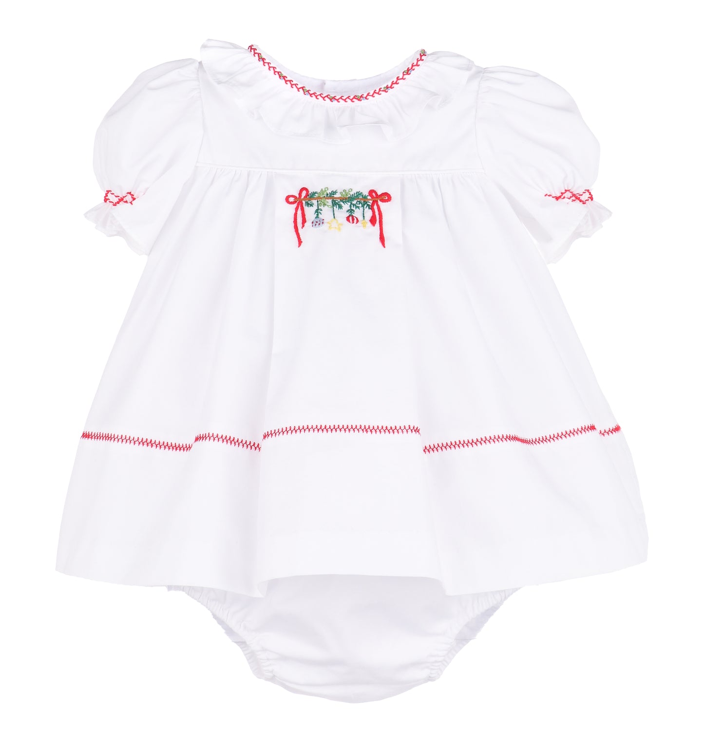 Sophie & Lucas Girls White Christmas Embroidered Merrymaker Dress - Bow on Back