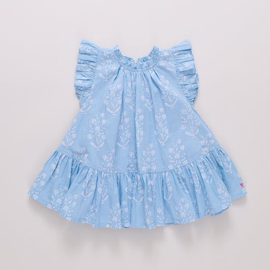 Girls Harper Dress - Blue Dewdrop Block Print