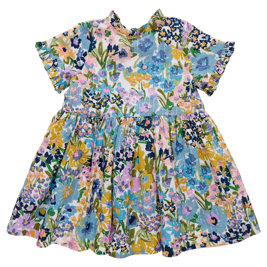 Girls Autumn Dress - Blue Large Sketched Floral