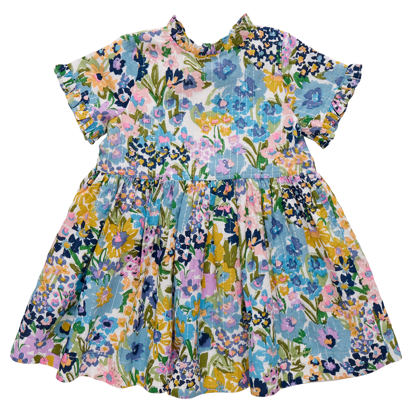 Girls Autumn Dress - Blue Large Sketched Floral