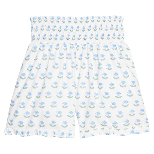 Shirred Ruffle Shorts - Blue Tulip Block Print