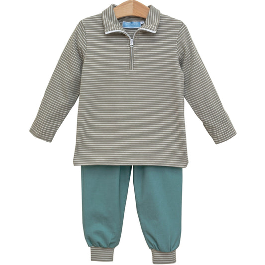 Tucker Pullover Set - Beige Stripe with Sage