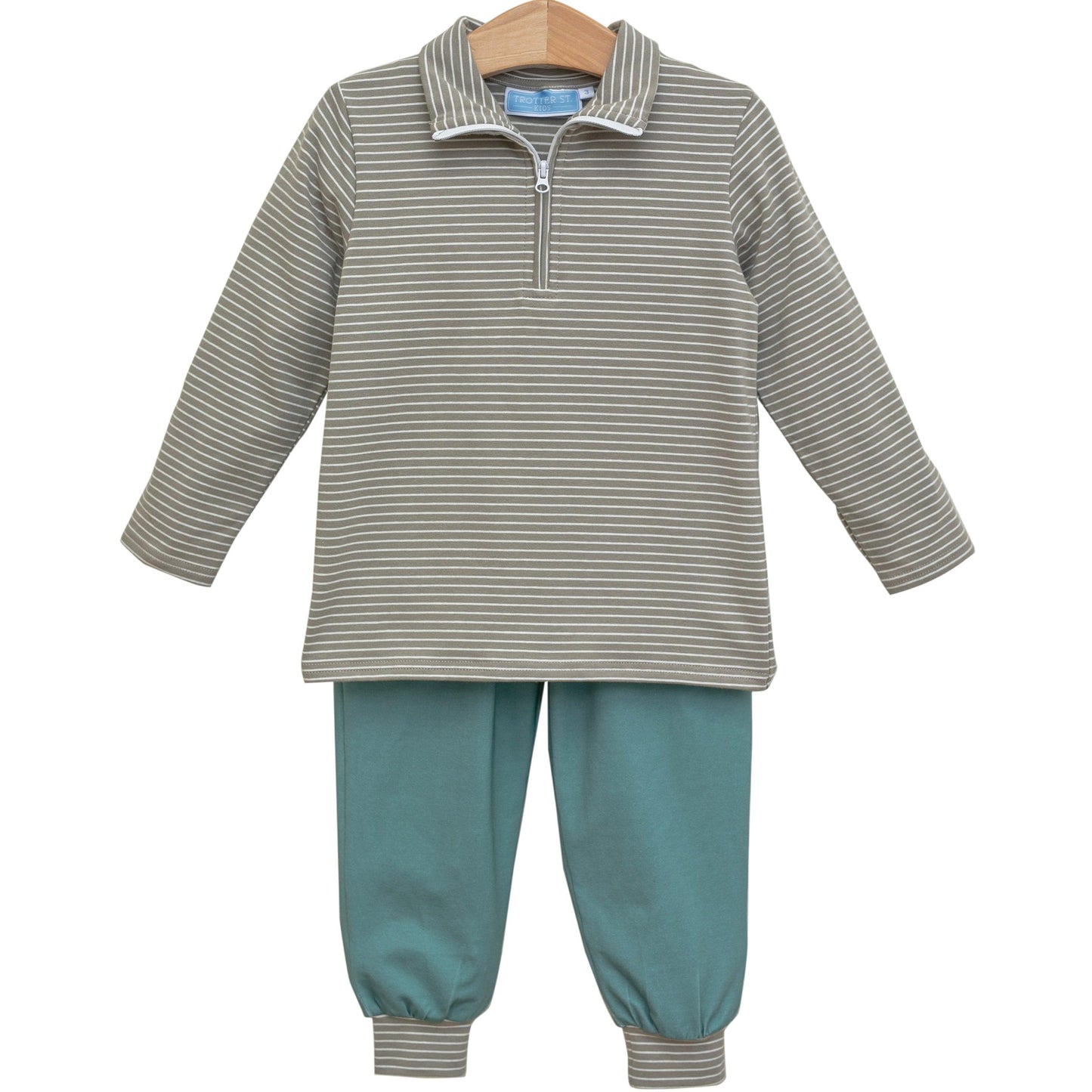 Tucker Pullover Set - Beige Stripe with Sage