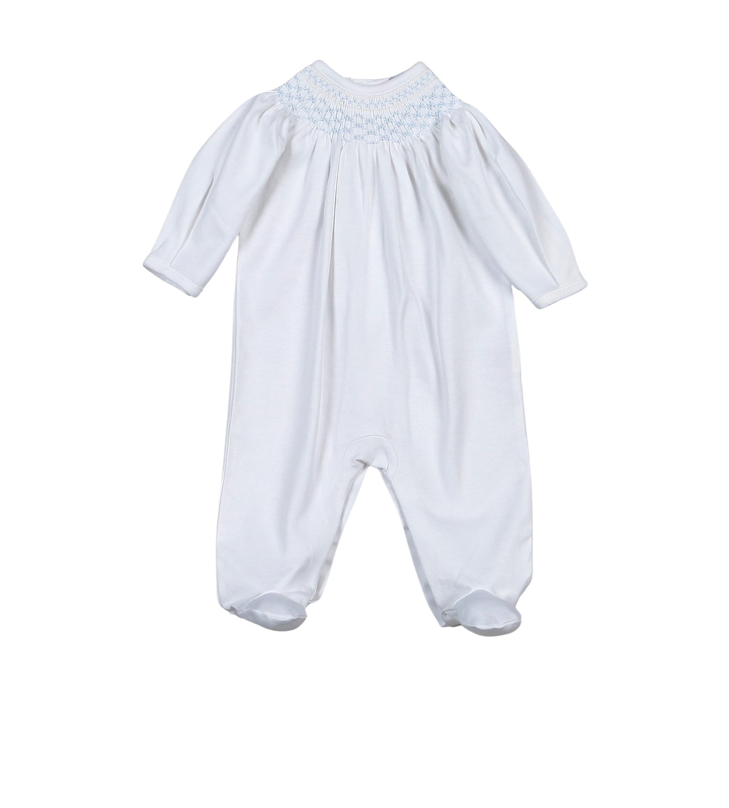 Time White/Blue Hand Smocked Bishop Pima Footie