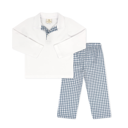 Parker Pant Set Long Sleeve-Stone Blue Check