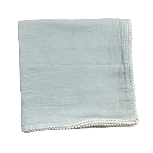 Swaddle Baby Blanket with Pompom Edge - Blue and White