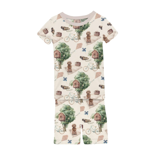 Print Short Sleeve Pajama Set with Shorts in Natural Tree House