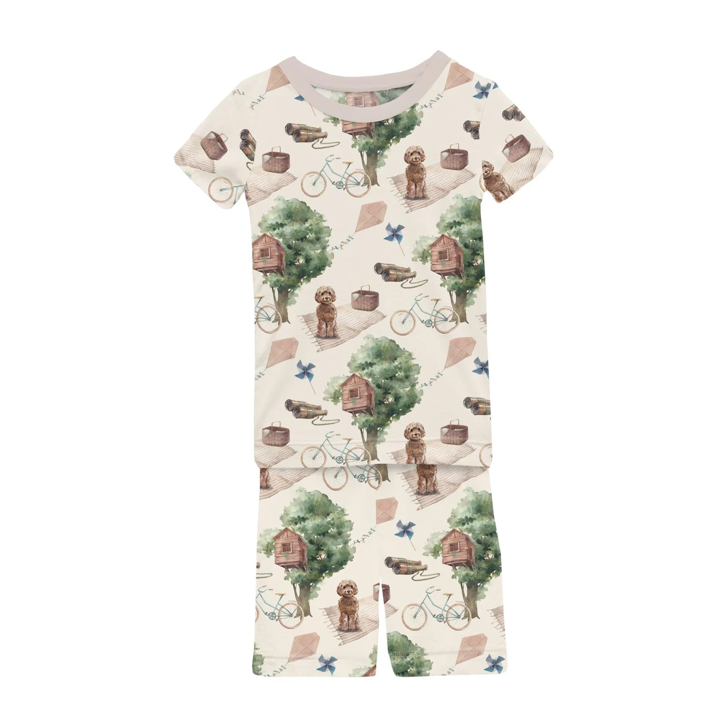 Print Short Sleeve Pajama Set with Shorts in Natural Tree House