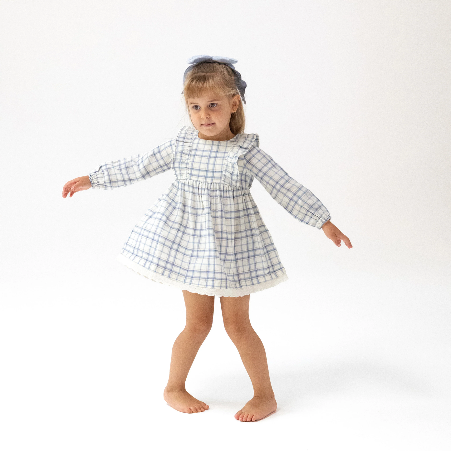 Blue Plaid - Long Sleeve with Eyelet Hem and Diaper Cover