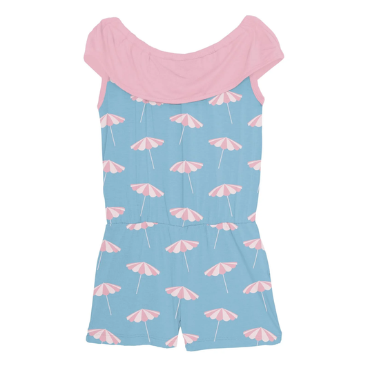 Print Summer Romper in Seaside Blue Beach Umbrellas
