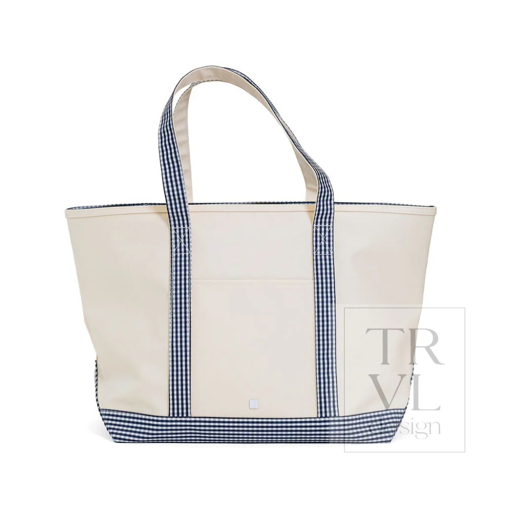 Maxi Tote - Coated Canvas Large Natural with Gingham Navy Trim